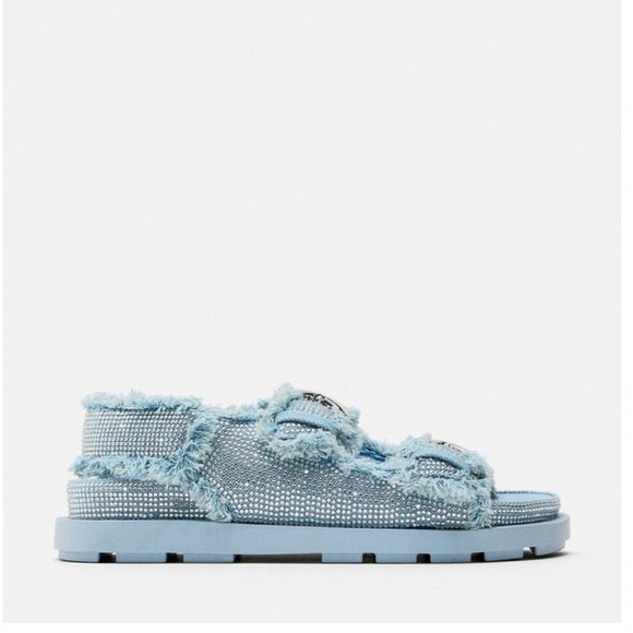 Zara Shoes - Zara rhinestone denim flat sandals NWT